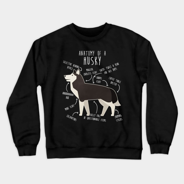 Black and White Siberian Husky Dog Anatomy Crewneck Sweatshirt by Psitta